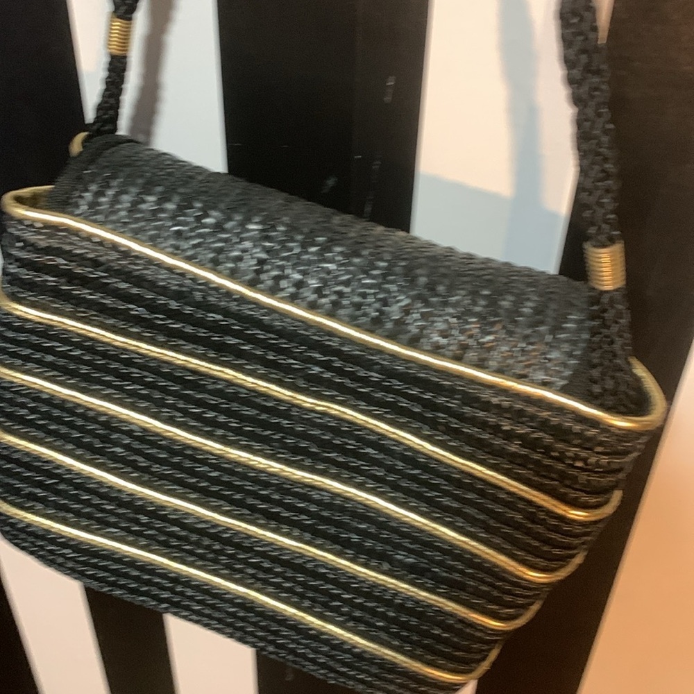 Vintage Black/Gold Woven Straw Bag Purse Pocketbook Coastal Nautical Beach Bag - Picture 9 of 16